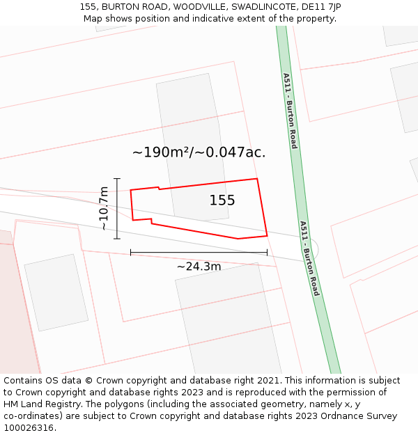 155, BURTON ROAD, WOODVILLE, SWADLINCOTE, DE11 7JP: Plot and title map