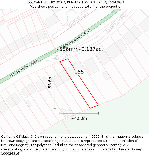 155, CANTERBURY ROAD, KENNINGTON, ASHFORD, TN24 9QB: Plot and title map