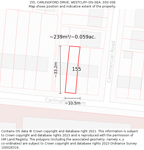 155, CARLINGFORD DRIVE, WESTCLIFF-ON-SEA, SS0 0SE: Plot and title map