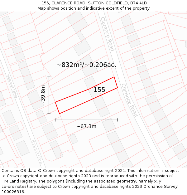 155, CLARENCE ROAD, SUTTON COLDFIELD, B74 4LB: Plot and title map