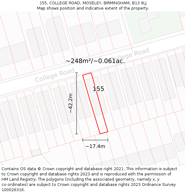 155, COLLEGE ROAD, MOSELEY, BIRMINGHAM, B13 9LJ: Plot and title map