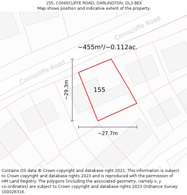 155, CONISCLIFFE ROAD, DARLINGTON, DL3 8EX: Plot and title map