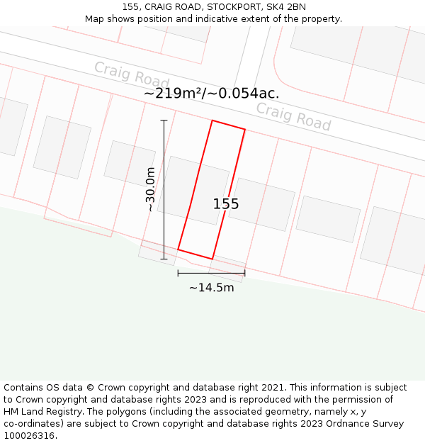 155, CRAIG ROAD, STOCKPORT, SK4 2BN: Plot and title map