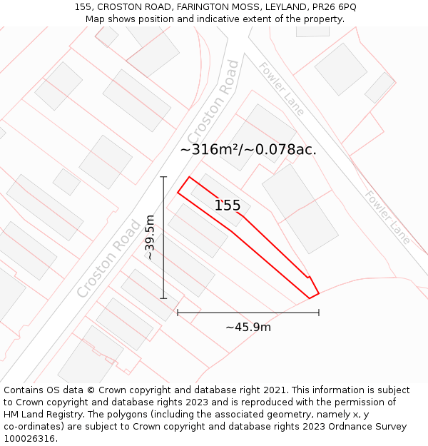 155, CROSTON ROAD, FARINGTON MOSS, LEYLAND, PR26 6PQ: Plot and title map