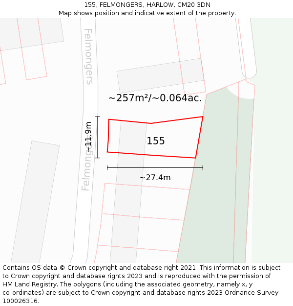 155, FELMONGERS, HARLOW, CM20 3DN: Plot and title map