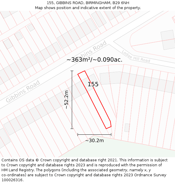 155, GIBBINS ROAD, BIRMINGHAM, B29 6NH: Plot and title map