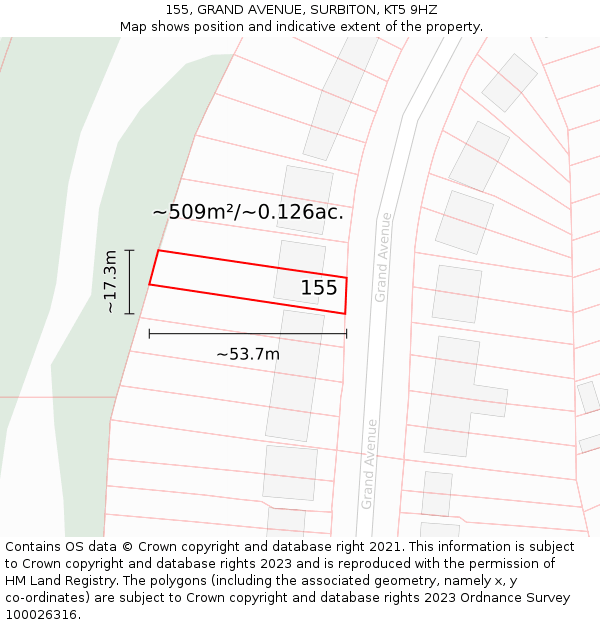 155, GRAND AVENUE, SURBITON, KT5 9HZ: Plot and title map