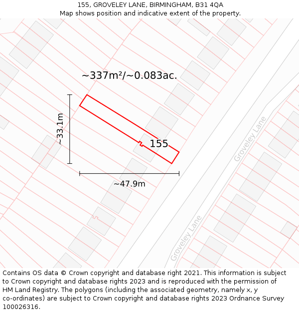 155, GROVELEY LANE, BIRMINGHAM, B31 4QA: Plot and title map