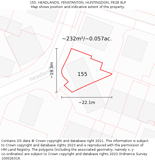 155, HEADLANDS, FENSTANTON, HUNTINGDON, PE28 9LP: Plot and title map