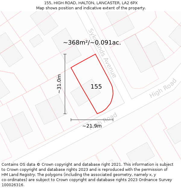 155, HIGH ROAD, HALTON, LANCASTER, LA2 6PX: Plot and title map