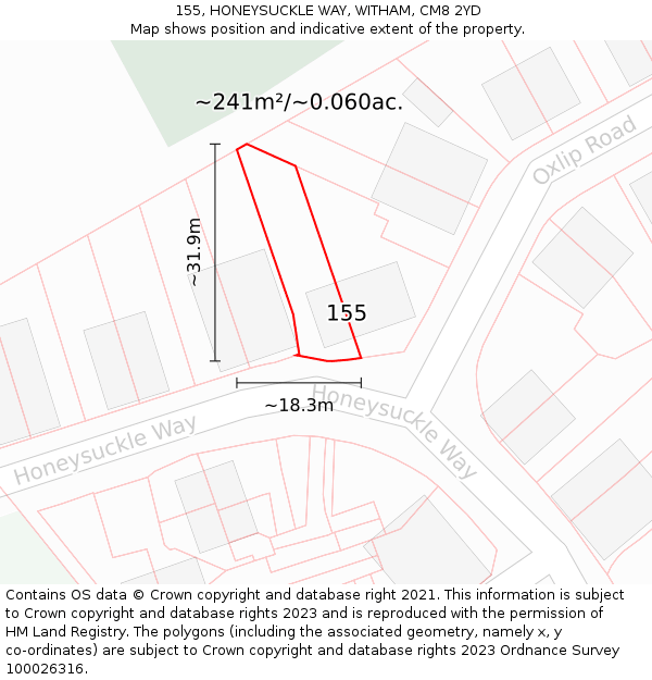 155, HONEYSUCKLE WAY, WITHAM, CM8 2YD: Plot and title map