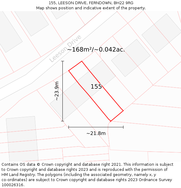 155, LEESON DRIVE, FERNDOWN, BH22 9RG: Plot and title map