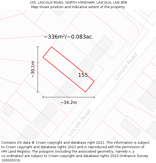 155, LINCOLN ROAD, NORTH HYKEHAM, LINCOLN, LN6 8PB: Plot and title map