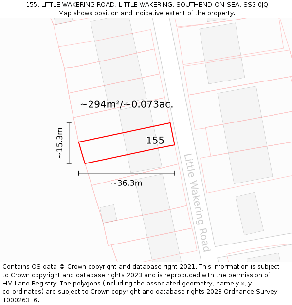 155, LITTLE WAKERING ROAD, LITTLE WAKERING, SOUTHEND-ON-SEA, SS3 0JQ: Plot and title map