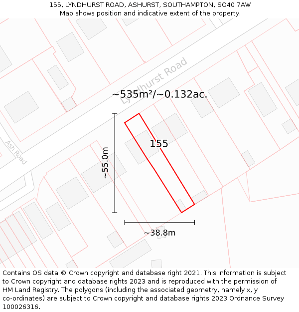 155, LYNDHURST ROAD, ASHURST, SOUTHAMPTON, SO40 7AW: Plot and title map