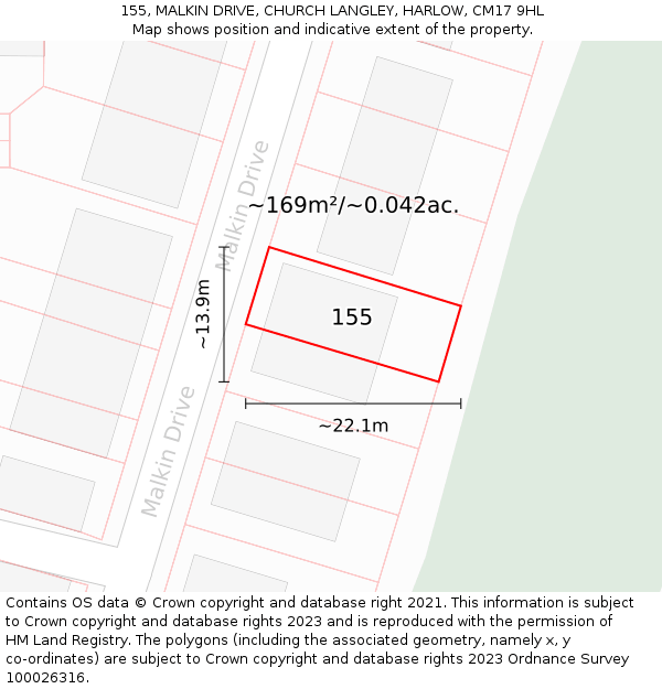 155, MALKIN DRIVE, CHURCH LANGLEY, HARLOW, CM17 9HL: Plot and title map