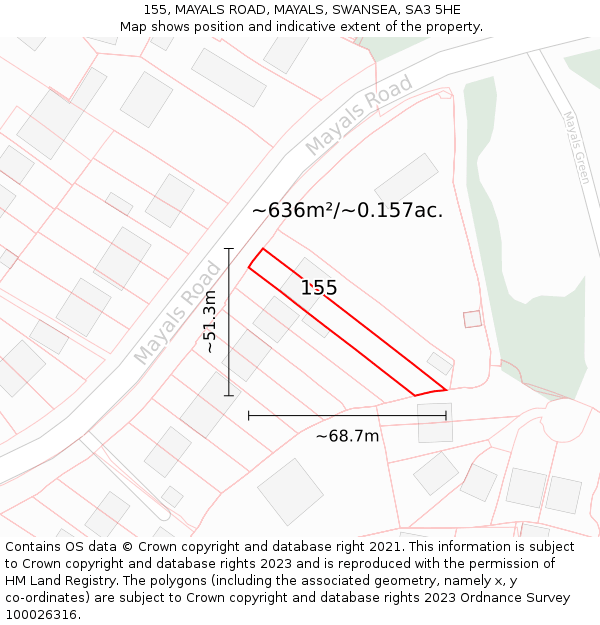 155, MAYALS ROAD, MAYALS, SWANSEA, SA3 5HE: Plot and title map