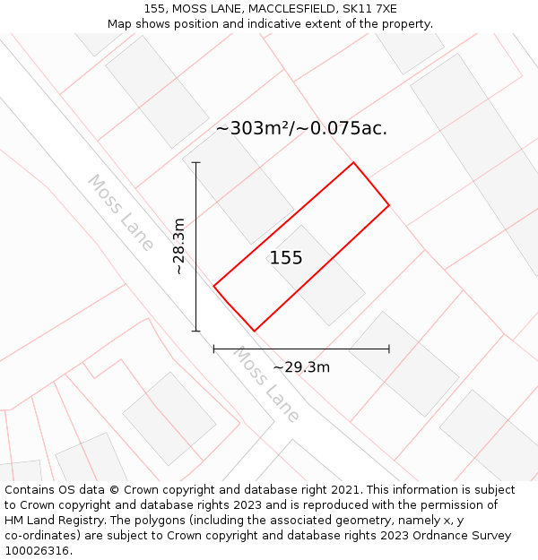 155, MOSS LANE, MACCLESFIELD, SK11 7XE: Plot and title map