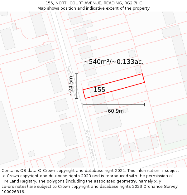 155, NORTHCOURT AVENUE, READING, RG2 7HG: Plot and title map