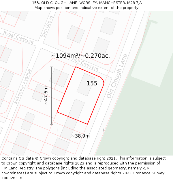 155, OLD CLOUGH LANE, WORSLEY, MANCHESTER, M28 7JA: Plot and title map