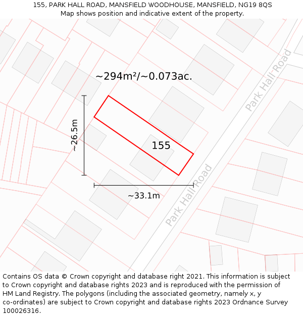 155, PARK HALL ROAD, MANSFIELD WOODHOUSE, MANSFIELD, NG19 8QS: Plot and title map