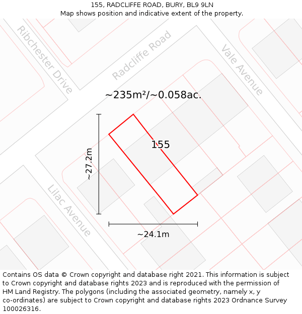 155, RADCLIFFE ROAD, BURY, BL9 9LN: Plot and title map