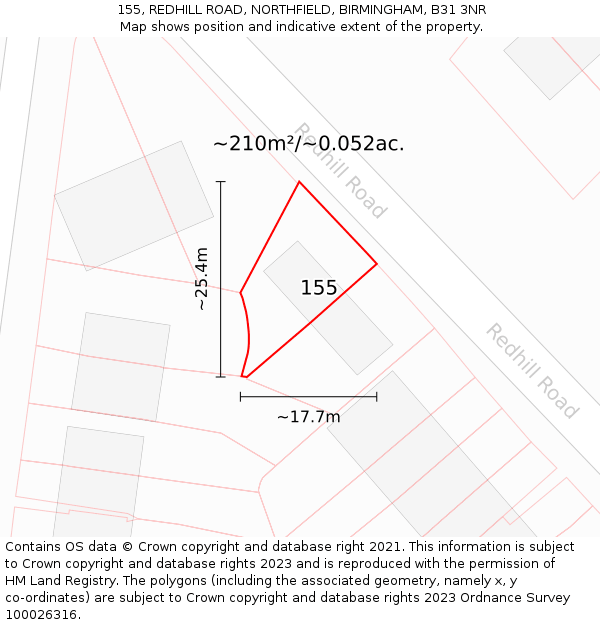 155, REDHILL ROAD, NORTHFIELD, BIRMINGHAM, B31 3NR: Plot and title map