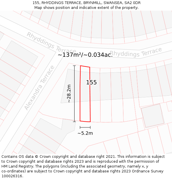 155, RHYDDINGS TERRACE, BRYNMILL, SWANSEA, SA2 0DR: Plot and title map