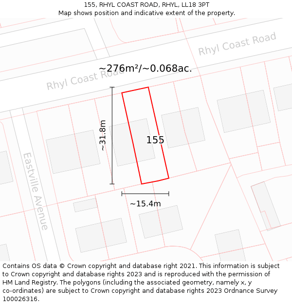 155, RHYL COAST ROAD, RHYL, LL18 3PT: Plot and title map