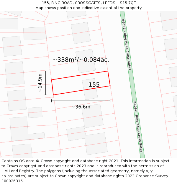 155, RING ROAD, CROSSGATES, LEEDS, LS15 7QE: Plot and title map