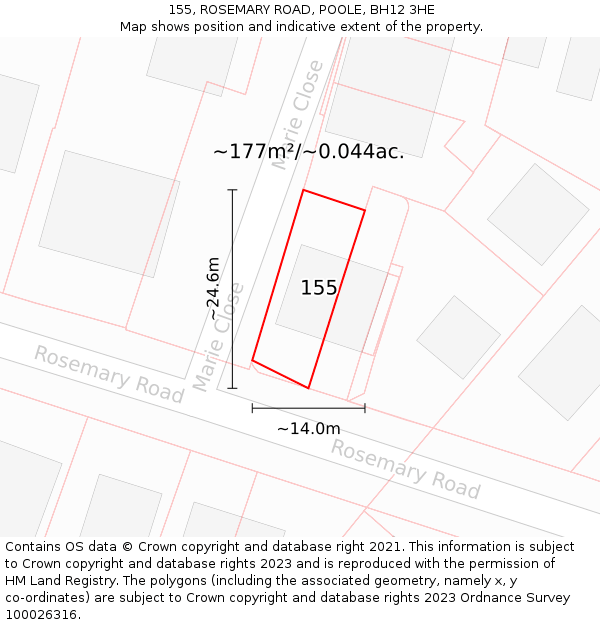 155, ROSEMARY ROAD, POOLE, BH12 3HE: Plot and title map