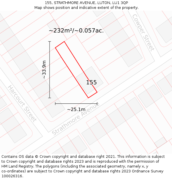 155, STRATHMORE AVENUE, LUTON, LU1 3QP: Plot and title map