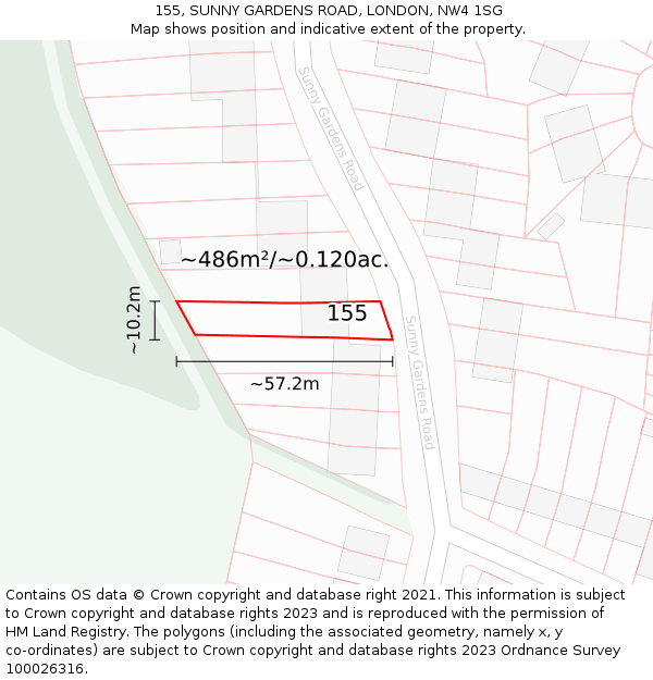 155, SUNNY GARDENS ROAD, LONDON, NW4 1SG: Plot and title map