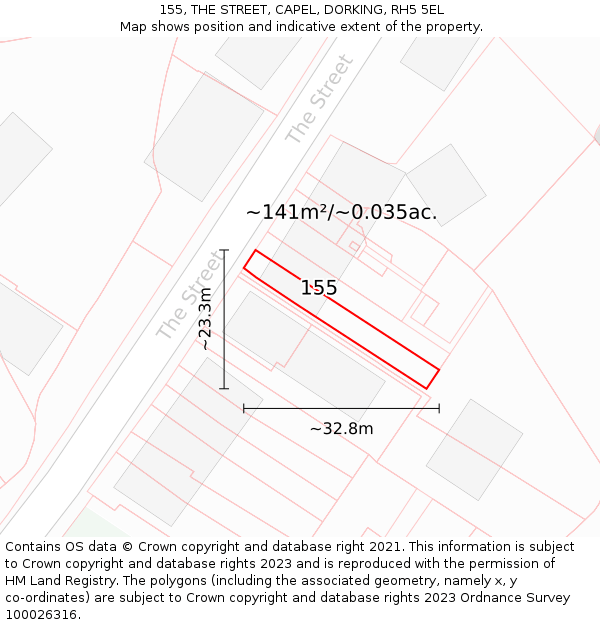 155, THE STREET, CAPEL, DORKING, RH5 5EL: Plot and title map