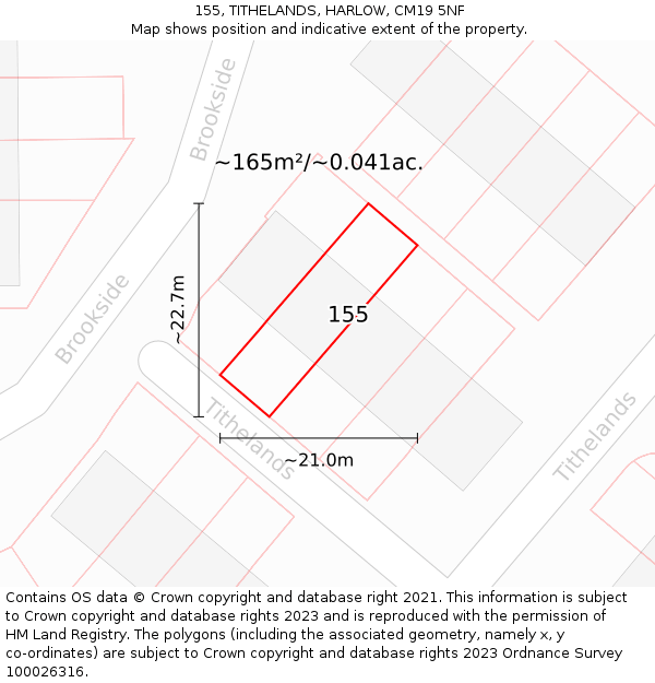 155, TITHELANDS, HARLOW, CM19 5NF: Plot and title map