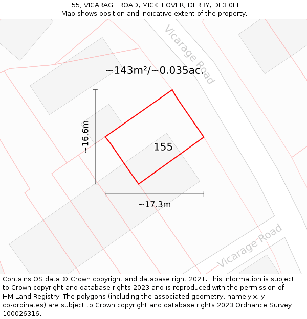 155, VICARAGE ROAD, MICKLEOVER, DERBY, DE3 0EE: Plot and title map