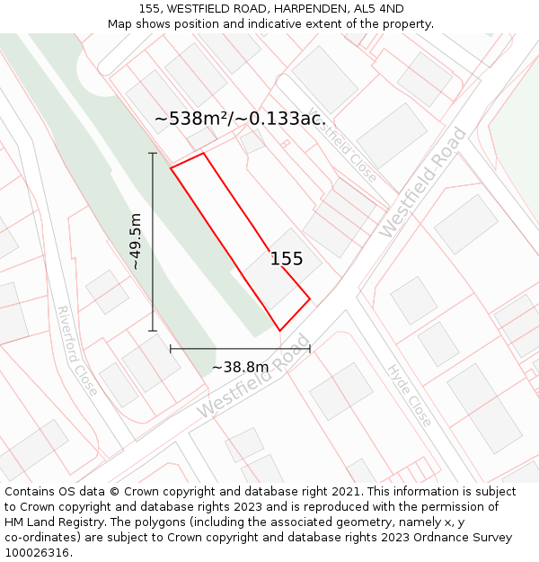 155, WESTFIELD ROAD, HARPENDEN, AL5 4ND: Plot and title map