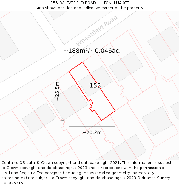155, WHEATFIELD ROAD, LUTON, LU4 0TT: Plot and title map