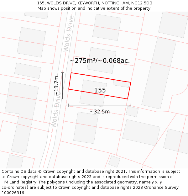 155, WOLDS DRIVE, KEYWORTH, NOTTINGHAM, NG12 5DB: Plot and title map