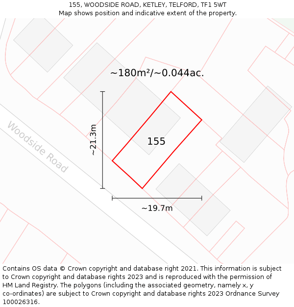 155, WOODSIDE ROAD, KETLEY, TELFORD, TF1 5WT: Plot and title map