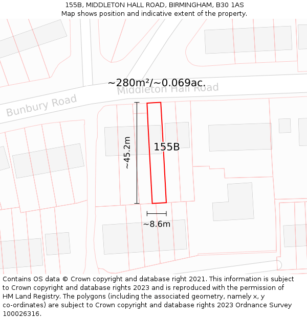 155B, MIDDLETON HALL ROAD, BIRMINGHAM, B30 1AS: Plot and title map