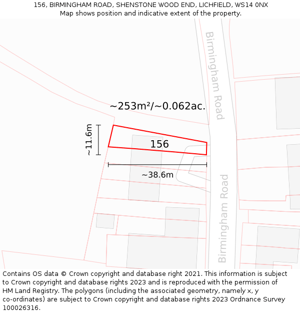 156, BIRMINGHAM ROAD, SHENSTONE WOOD END, LICHFIELD, WS14 0NX: Plot and title map