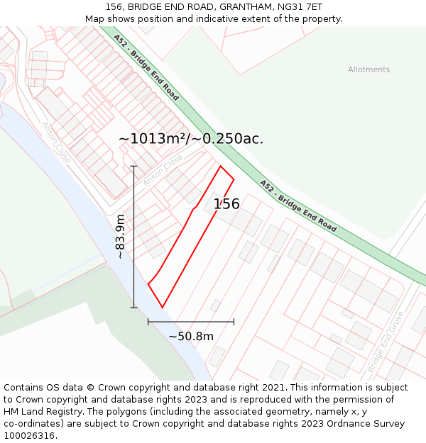 156, BRIDGE END ROAD, GRANTHAM, NG31 7ET: Plot and title map