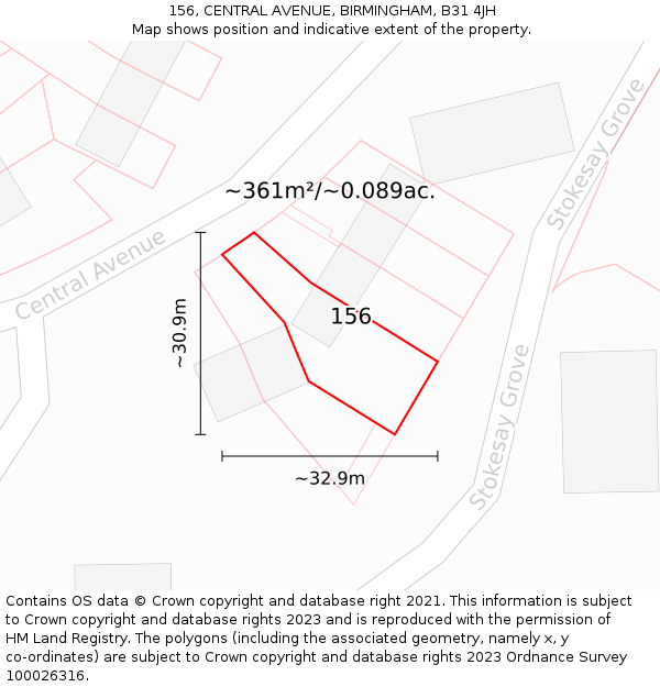 156, CENTRAL AVENUE, BIRMINGHAM, B31 4JH: Plot and title map