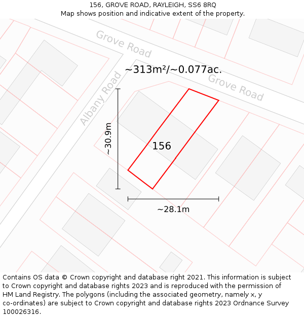 156, GROVE ROAD, RAYLEIGH, SS6 8RQ: Plot and title map