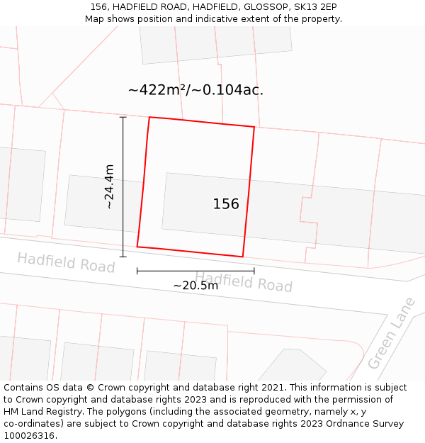 156, HADFIELD ROAD, HADFIELD, GLOSSOP, SK13 2EP: Plot and title map