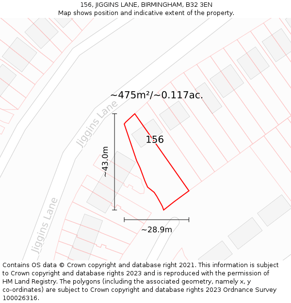 156, JIGGINS LANE, BIRMINGHAM, B32 3EN: Plot and title map