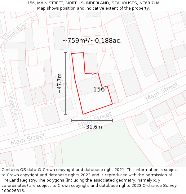 156, MAIN STREET, NORTH SUNDERLAND, SEAHOUSES, NE68 7UA: Plot and title map