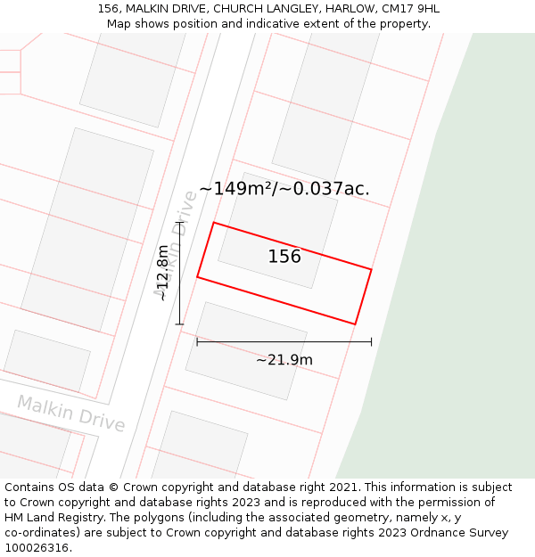 156, MALKIN DRIVE, CHURCH LANGLEY, HARLOW, CM17 9HL: Plot and title map