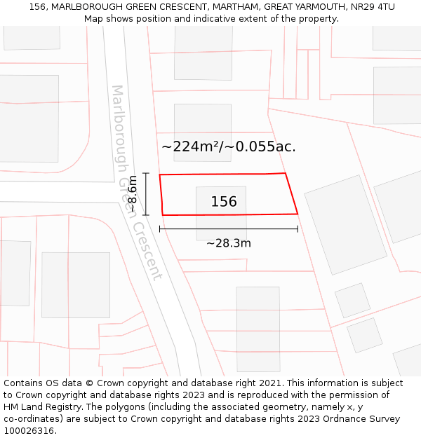 156, MARLBOROUGH GREEN CRESCENT, MARTHAM, GREAT YARMOUTH, NR29 4TU: Plot and title map